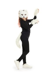 Photo of Quadrobics. Girl wearing cat mask, tail and gloves on white background