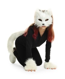 Photo of Quadrobics. Girl wearing cat mask, tail and gloves on white background