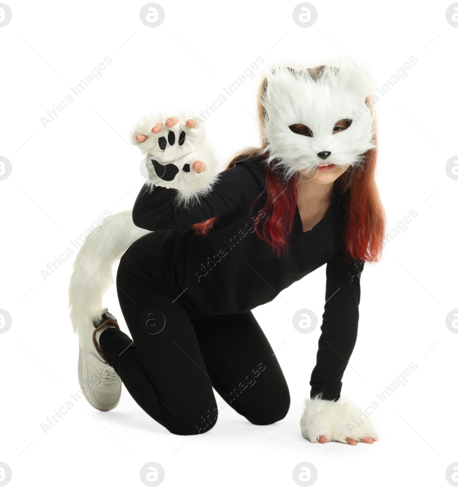 Photo of Quadrobics. Girl wearing cat mask, tail and gloves on white background