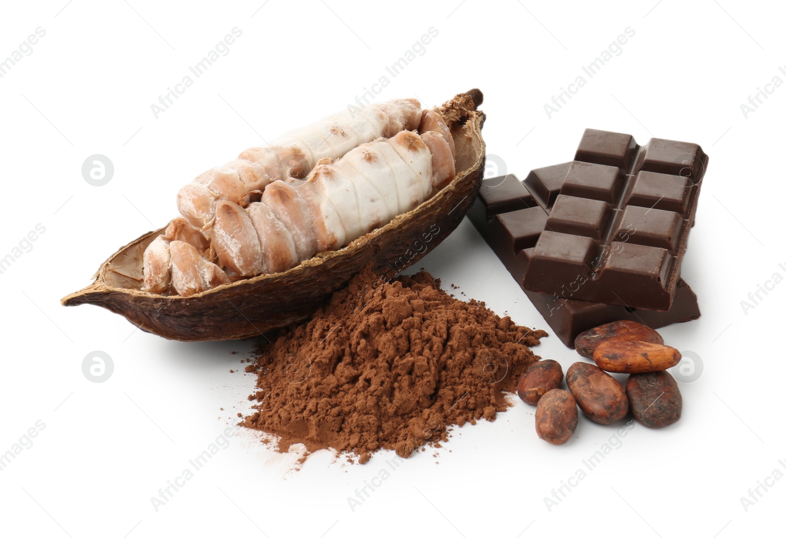 Photo of Cocoa pod with beans, powder and chocolate isolated on white