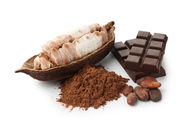 Cocoa pod with beans, powder and chocolate isolated on white