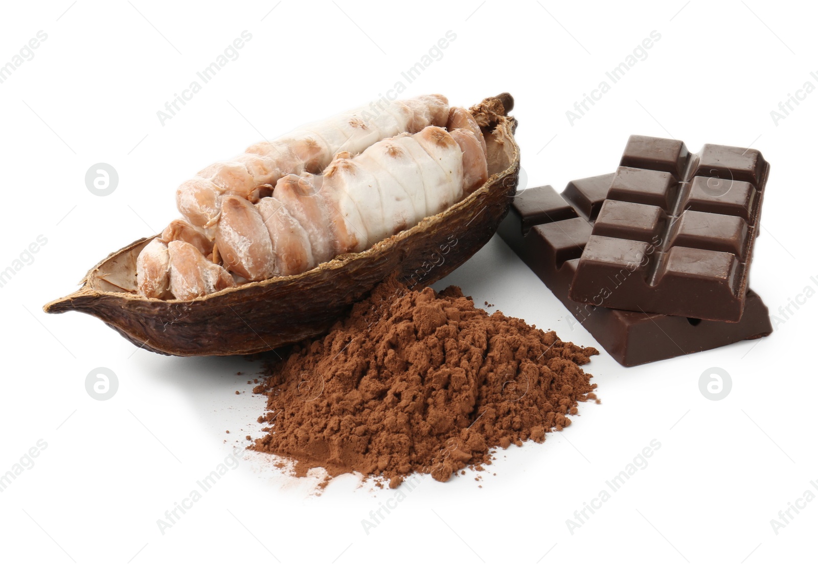 Photo of Cocoa pod with beans, powder and chocolate isolated on white