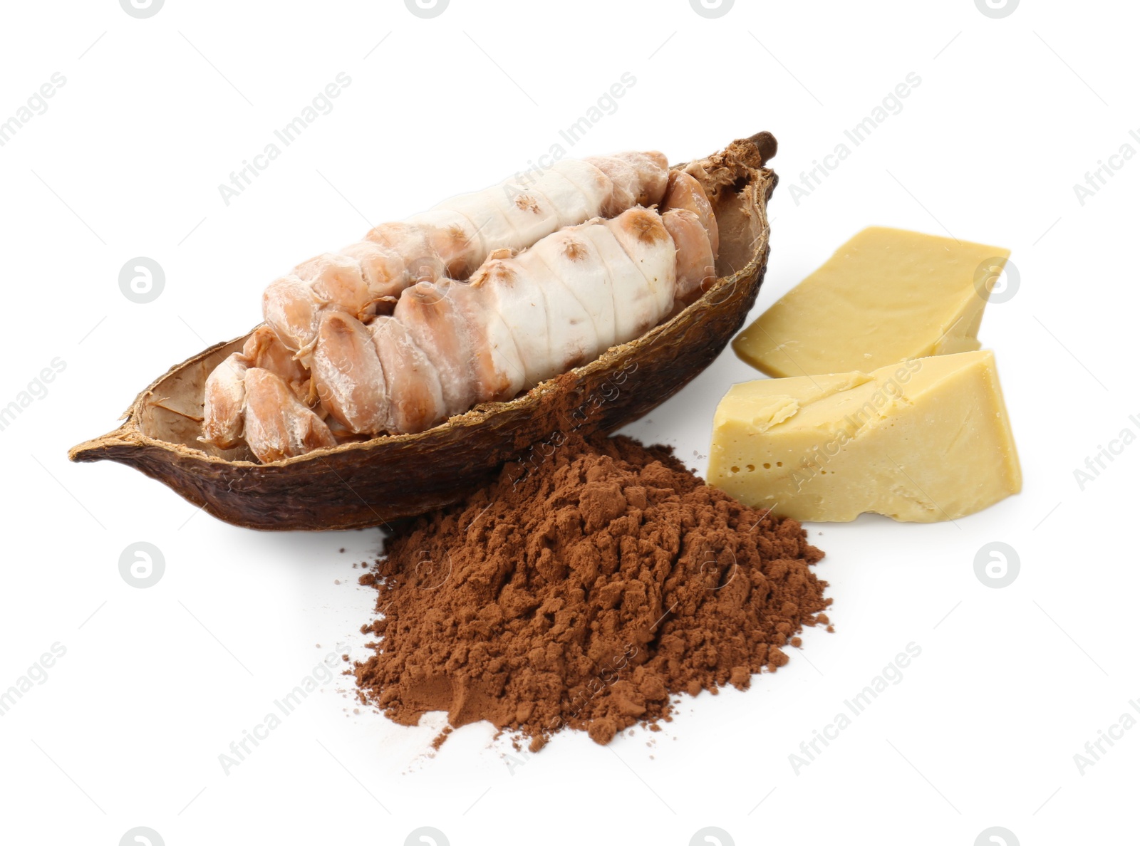 Photo of Cocoa pod with beans, powder and butter isolated on white