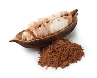 Cocoa pod with beans and powder isolated on white