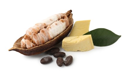 Cocoa pod with beans and butter isolated on white