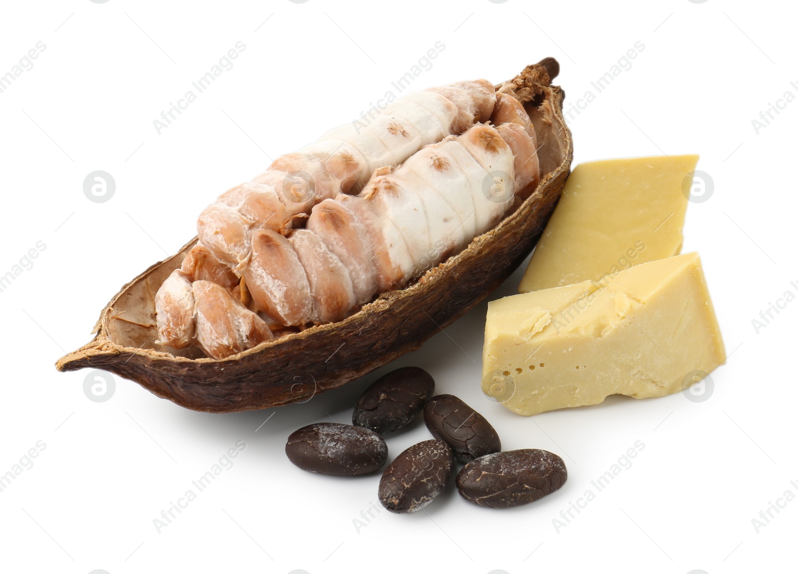 Photo of Cocoa pod with beans and butter isolated on white