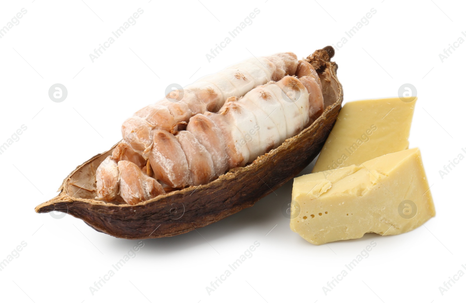 Photo of Cocoa pod with beans and butter isolated on white