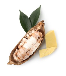 Cocoa pod with beans and butter isolated on white, top view