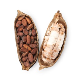 Photo of Cocoa pods with beans isolated on white, top view