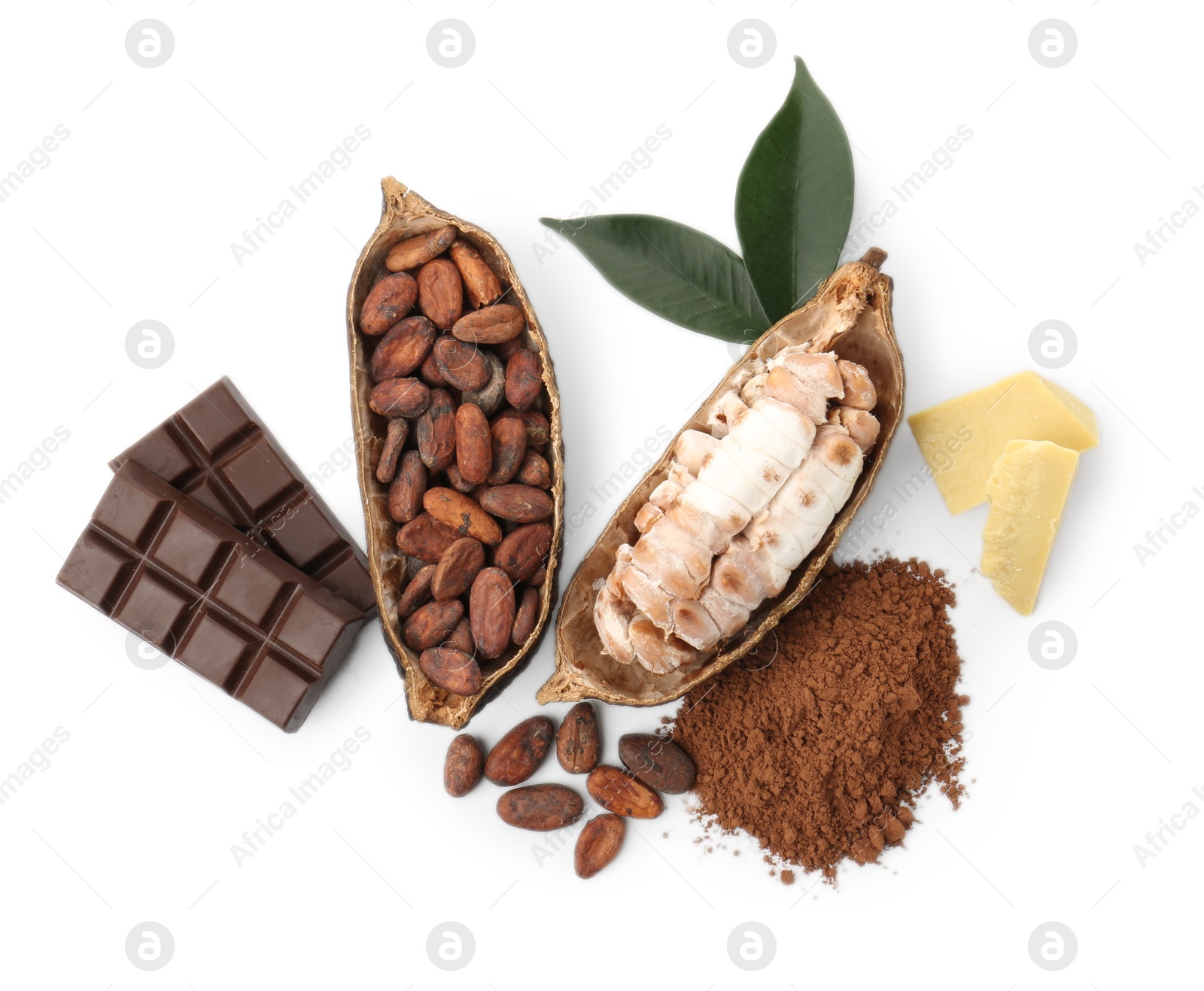 Photo of Cocoa pods with beans, powder, butter and chocolate isolated on white, top view