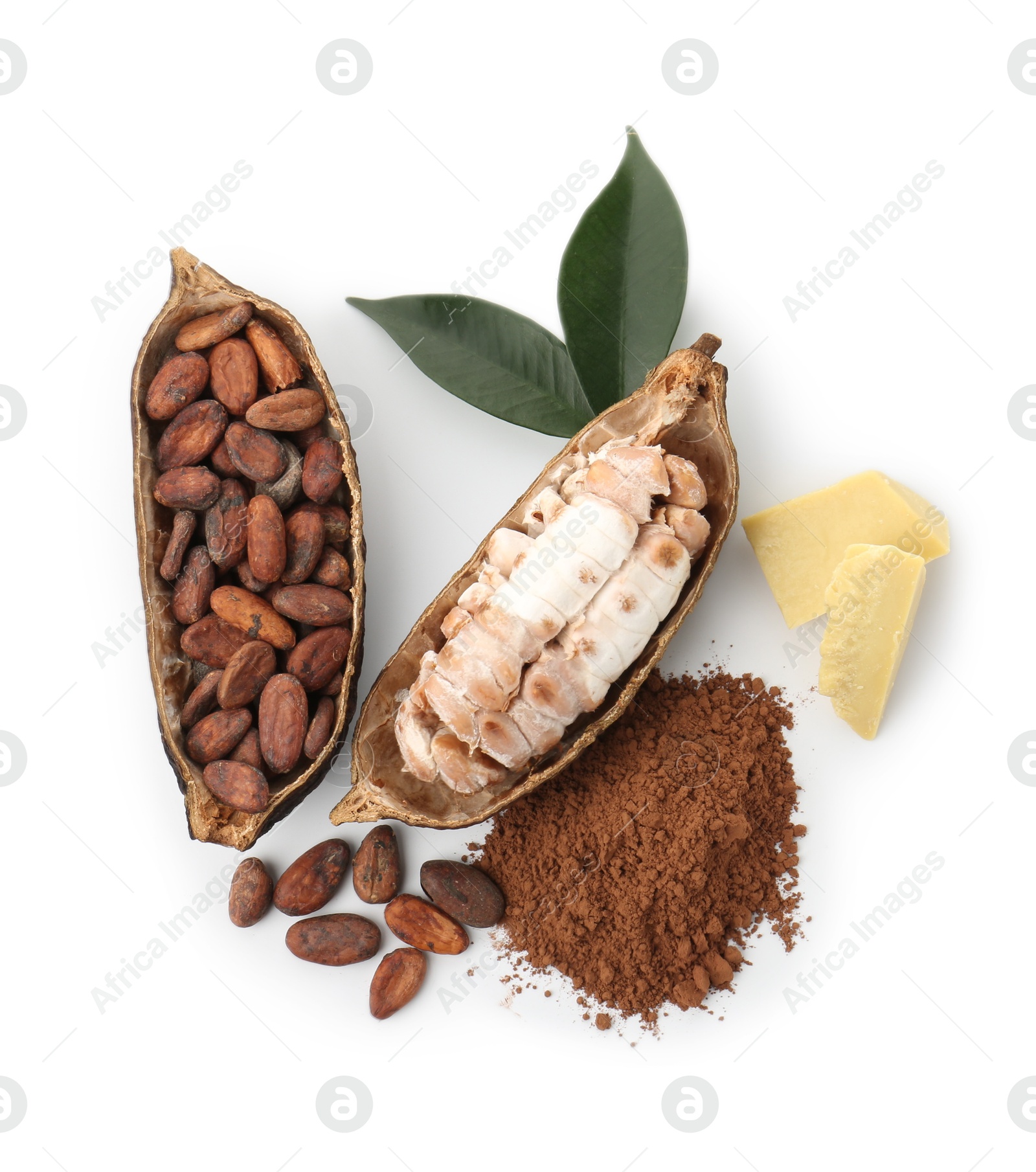 Photo of Cocoa pods with beans, powder and butter isolated on white, top view