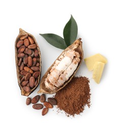 Photo of Cocoa pods with beans, powder and butter isolated on white, top view