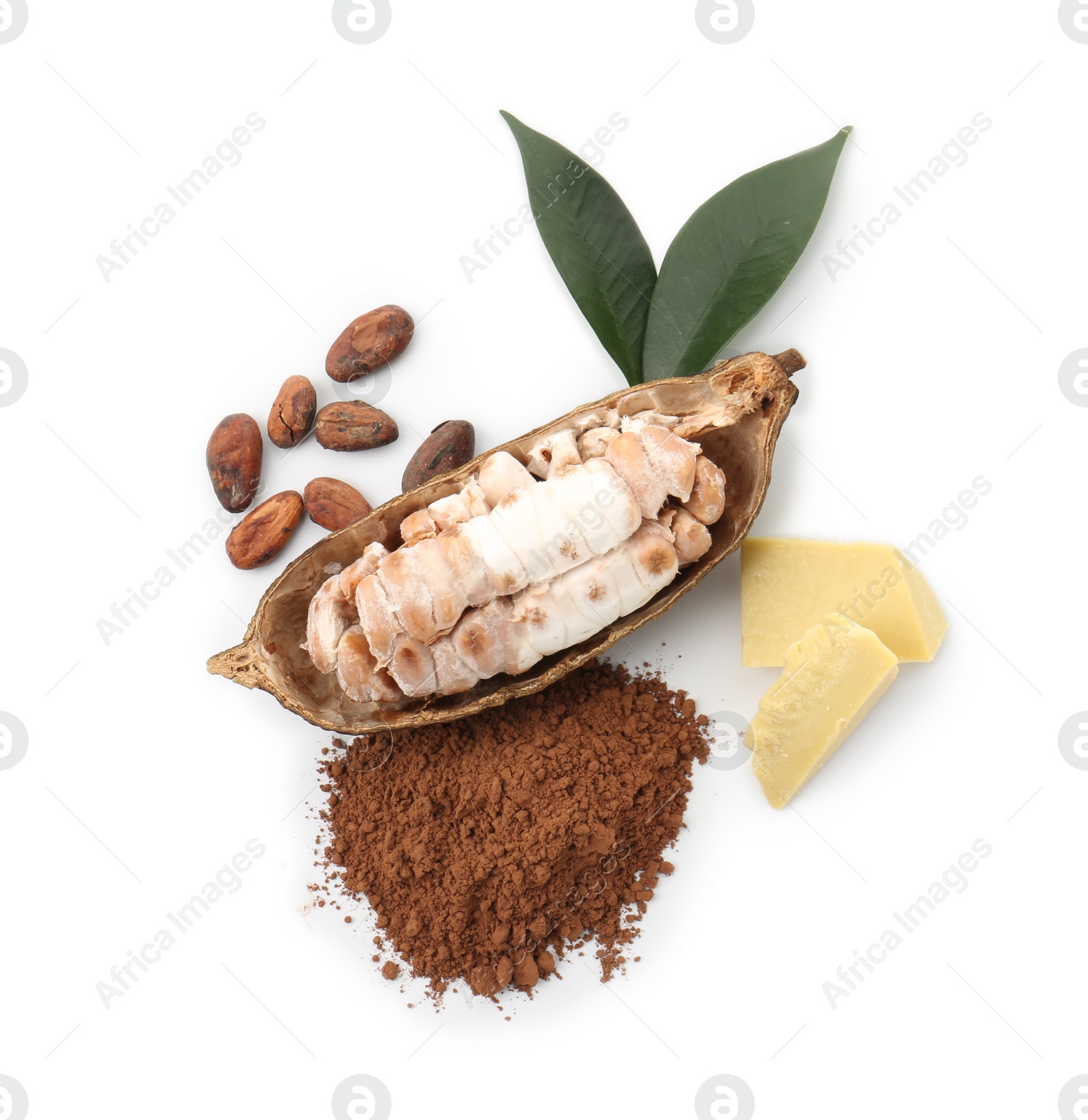 Photo of Cocoa pod with beans, powder and butter isolated on white, top view