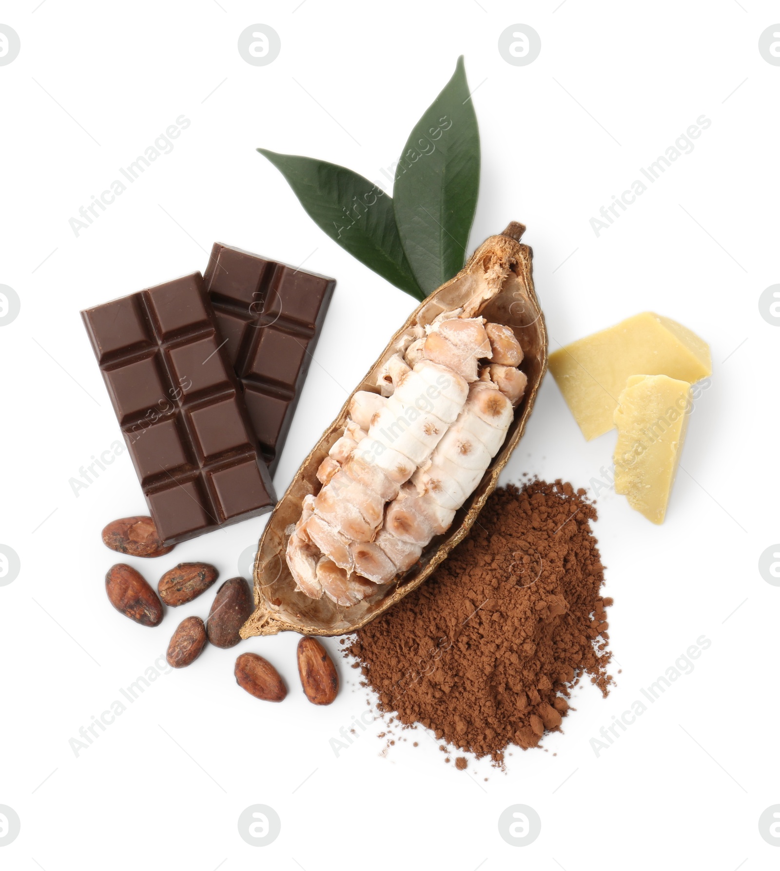 Photo of Cocoa pod with beans, powder, butter and chocolate isolated on white, top view