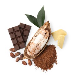 Photo of Cocoa pod with beans, powder, butter and chocolate isolated on white, top view