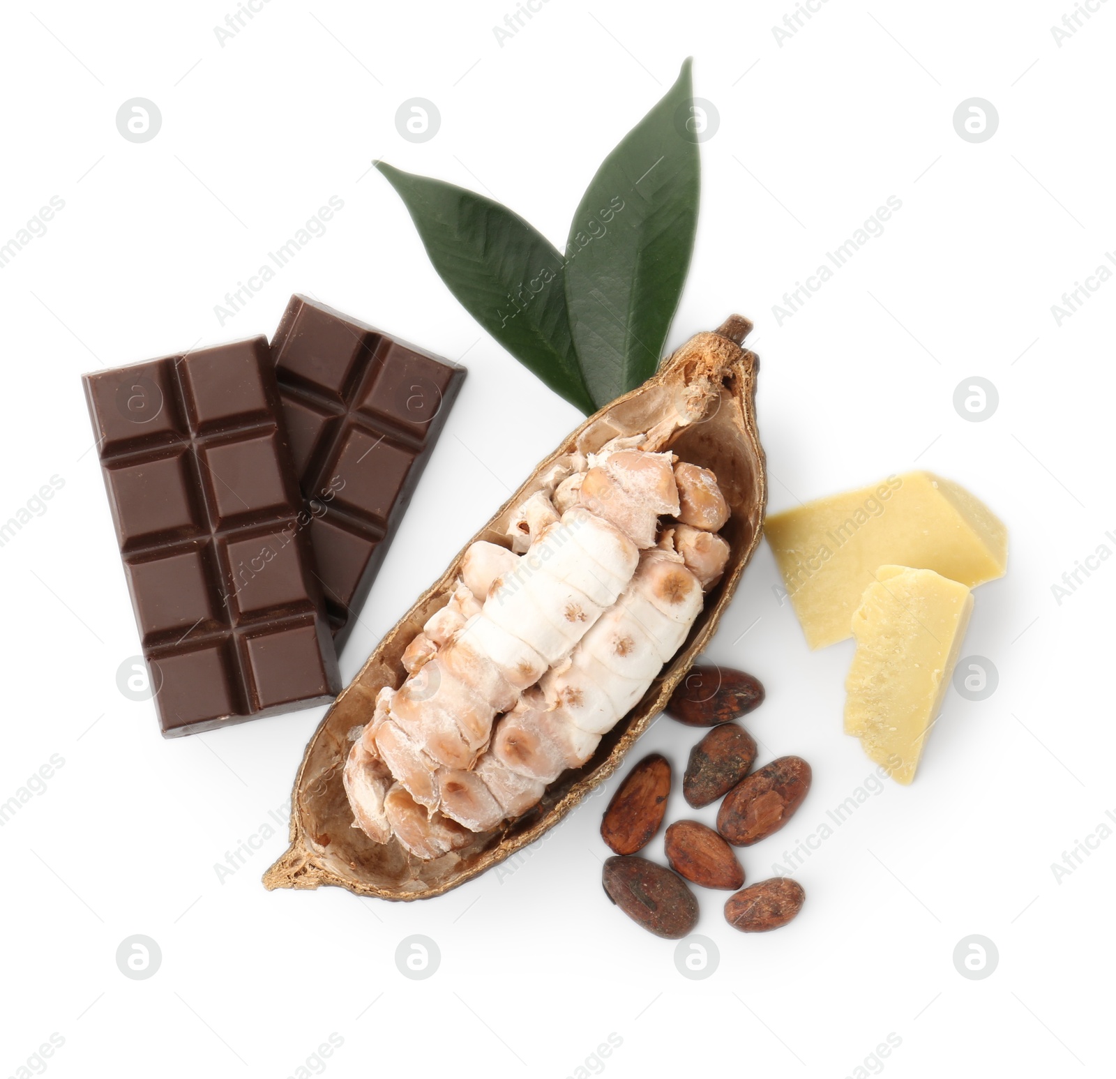 Photo of Cocoa pod with beans, butter and chocolate isolated on white, top view