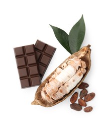 Photo of Cocoa pod with beans and chocolate isolated on white, top view