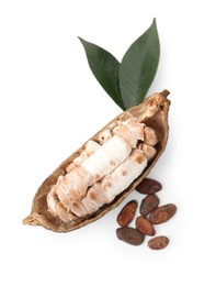 Cocoa pod with beans isolated on white, top view