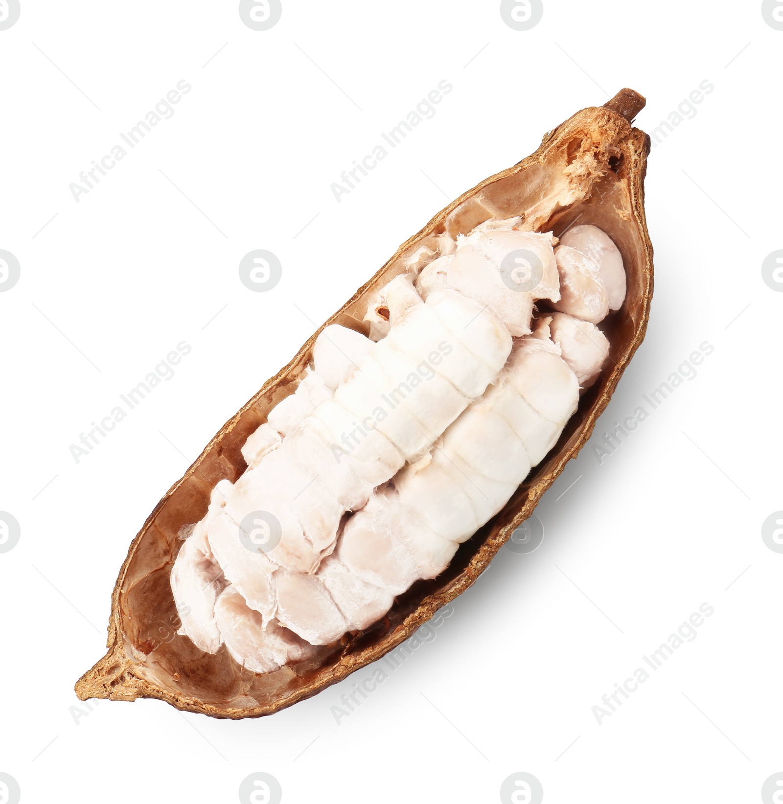 Photo of Cocoa pod with beans isolated on white, top view