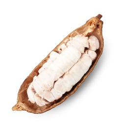 Photo of Cocoa pod with beans isolated on white, top view