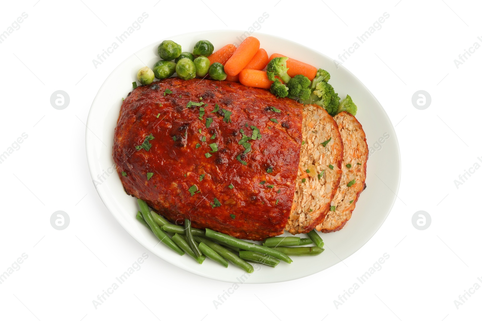 Photo of Delicious baked turkey meatloaf with vegetables isolated on white, top view