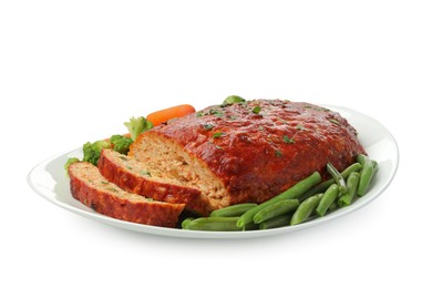 Photo of Delicious baked turkey meatloaf with vegetables isolated on white