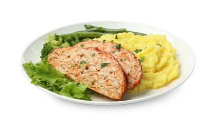 Photo of Delicious baked turkey meatloaf, mashed potato and vegetables isolated on white