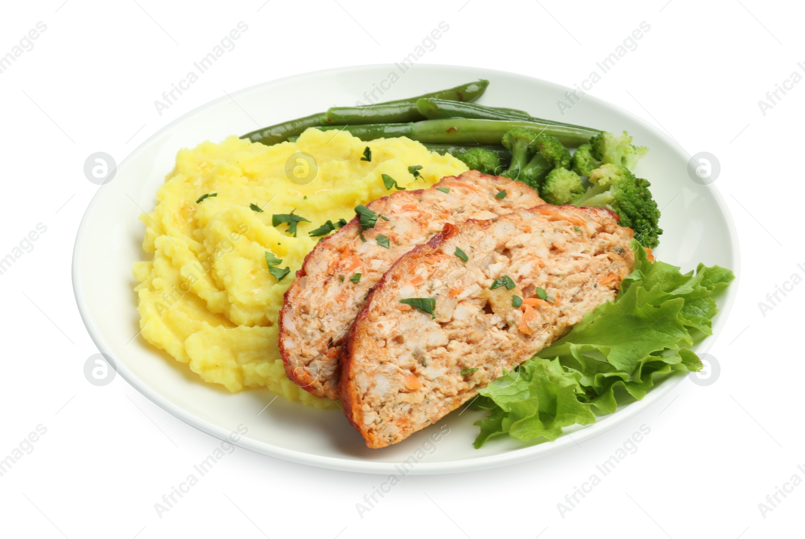 Photo of Delicious baked turkey meatloaf, mashed potato and vegetables isolated on white