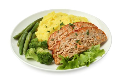 Photo of Delicious baked turkey meatloaf, mashed potato and vegetables isolated on white