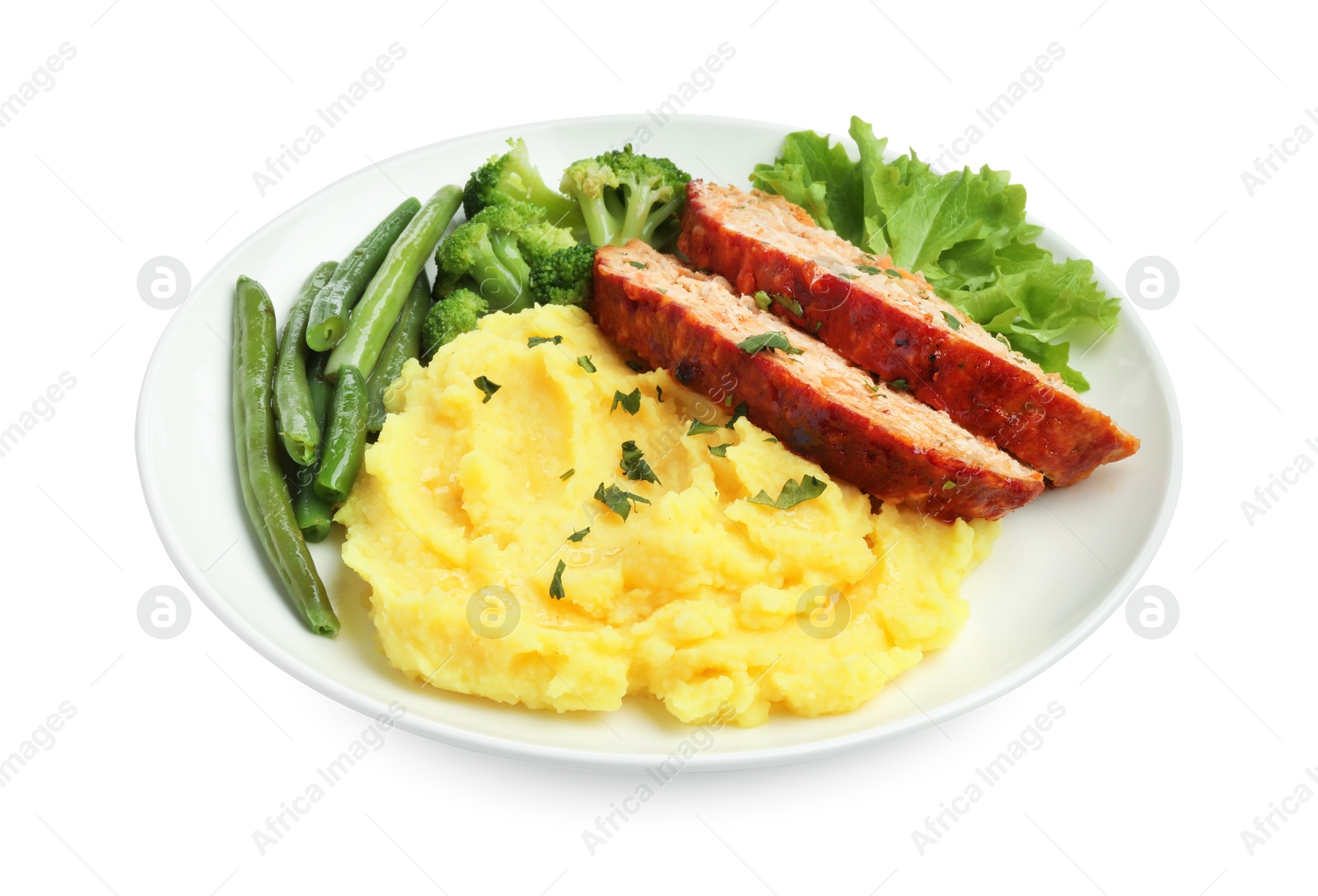 Photo of Delicious baked turkey meatloaf, mashed potato and vegetables isolated on white