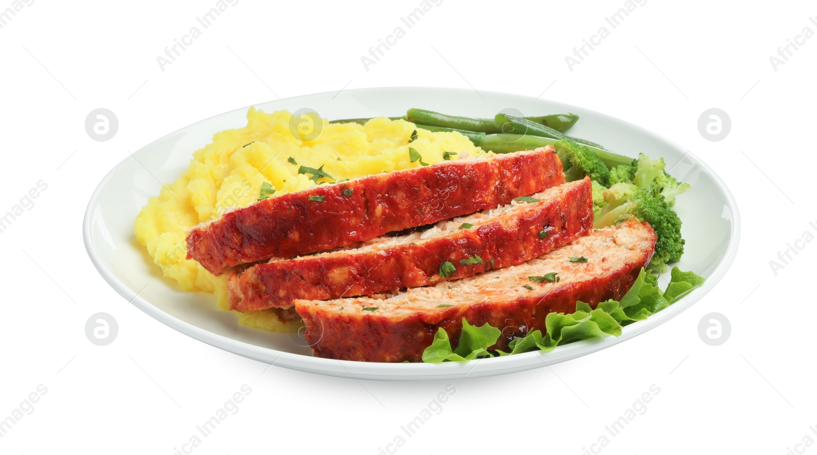 Photo of Delicious baked turkey meatloaf, mashed potato and vegetables isolated on white