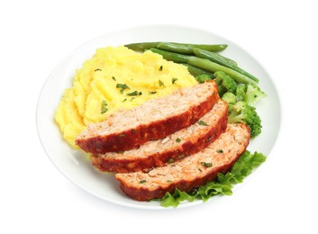 Photo of Delicious baked turkey meatloaf, mashed potato and vegetables isolated on white