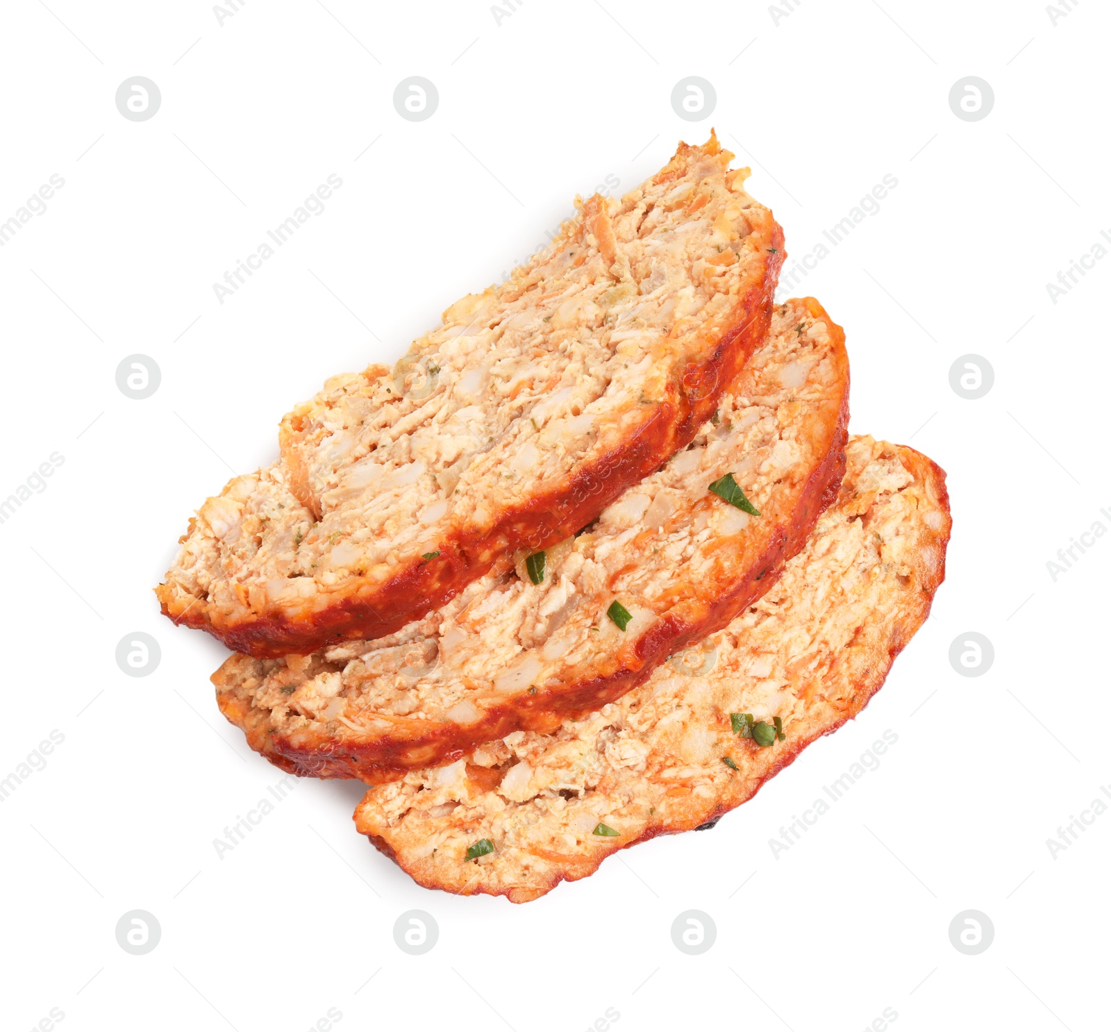 Photo of Slices of Delicious baked turkey meatloaf isolated on white, top view