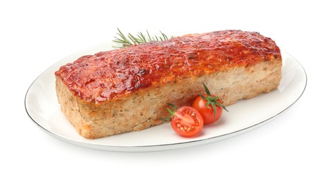 Photo of Delicious baked turkey meatloaf, cherry tomatoes and rosemary isolated on white