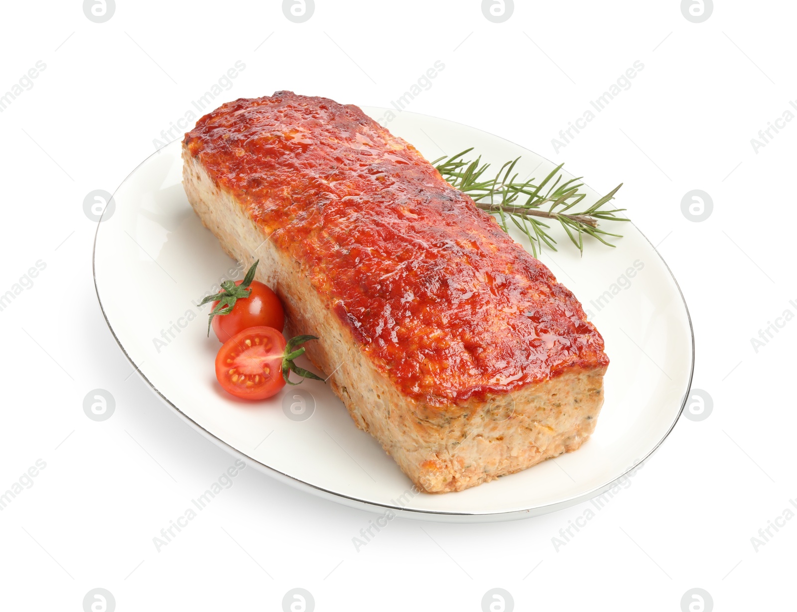 Photo of Delicious baked turkey meatloaf, cherry tomatoes and rosemary isolated on white