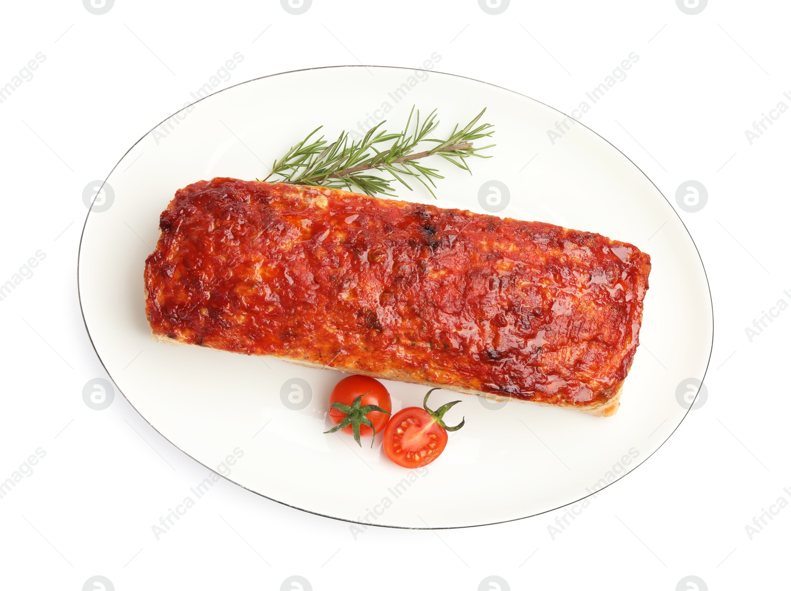 Photo of Delicious baked turkey meatloaf, cherry tomatoes and rosemary isolated on white, top view