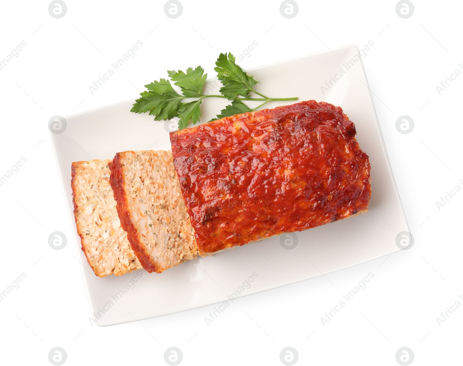 Photo of Delicious baked turkey meatloaf with parsley isolated on white, top view