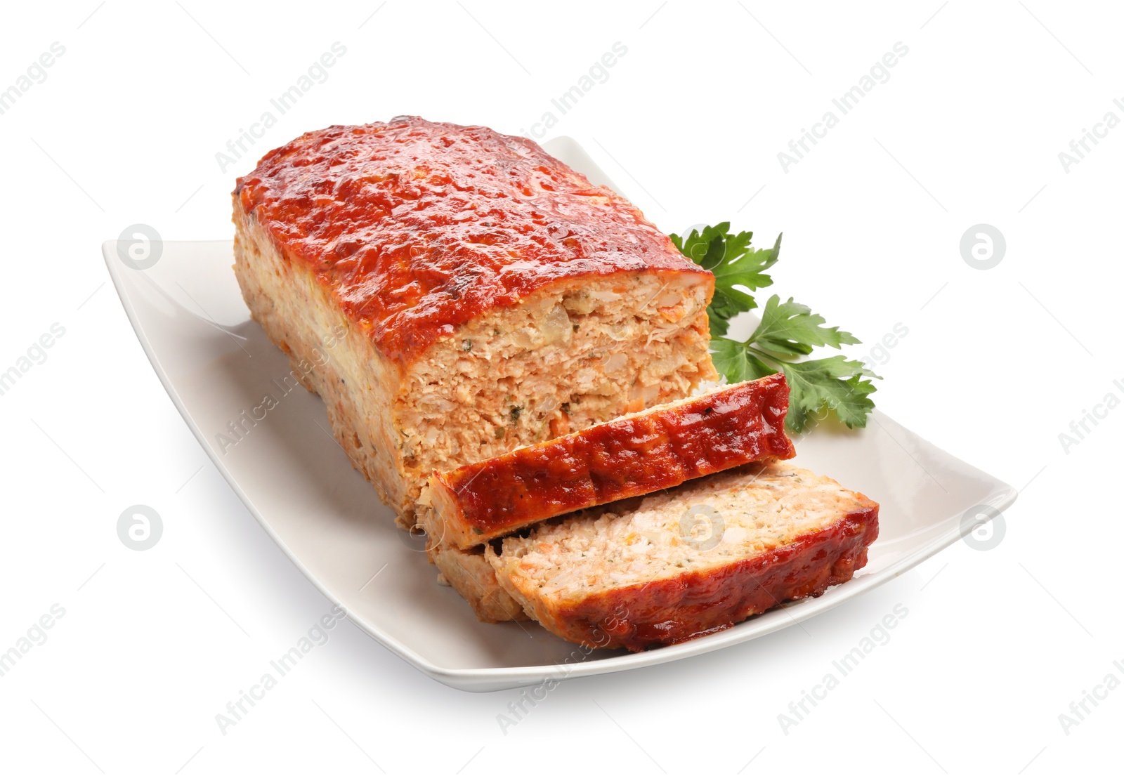 Photo of Delicious baked turkey meatloaf with parsley isolated on white