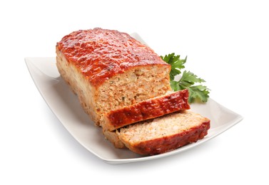 Photo of Delicious baked turkey meatloaf with parsley isolated on white