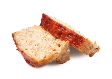 Photo of Slices of delicious baked turkey meatloaf isolated on white