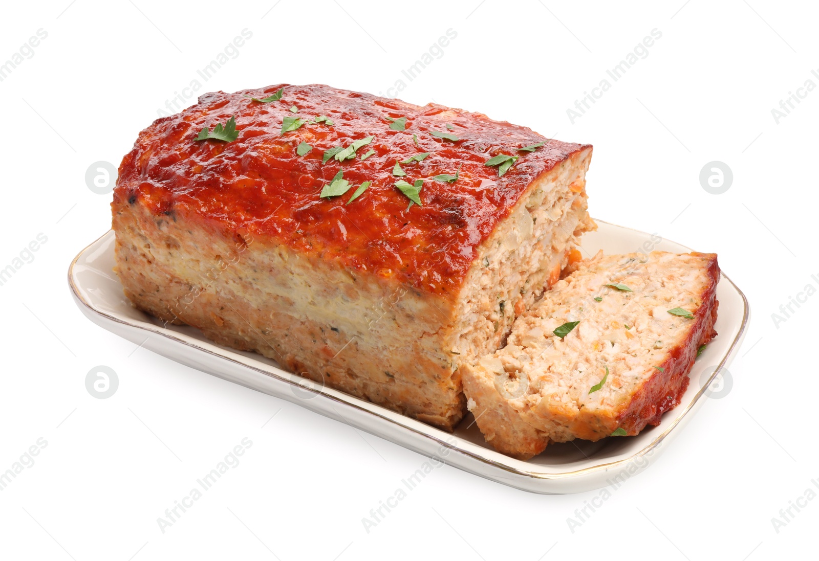 Photo of Delicious baked turkey meatloaf isolated on white