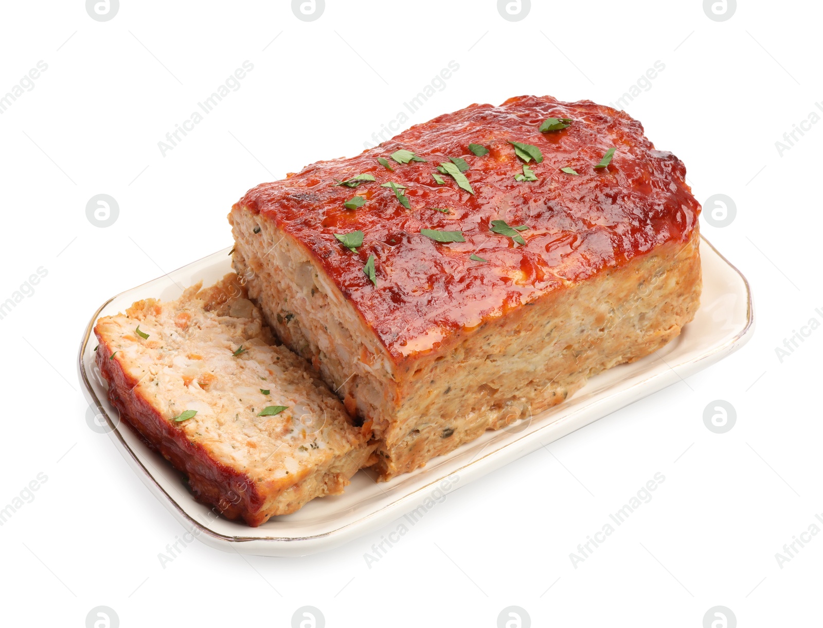 Photo of Delicious baked turkey meatloaf isolated on white