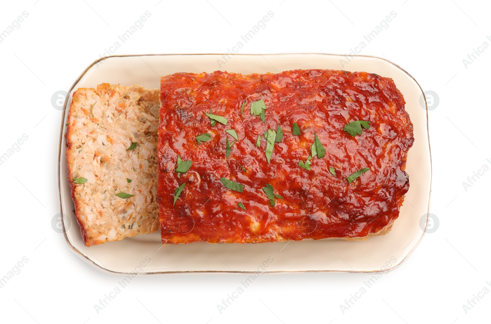 Photo of Delicious baked turkey meatloaf isolated on white, top view