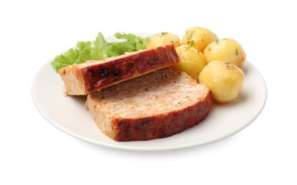 Photo of Delicious baked turkey meatloaf, potatoes and lettuce isolated on white