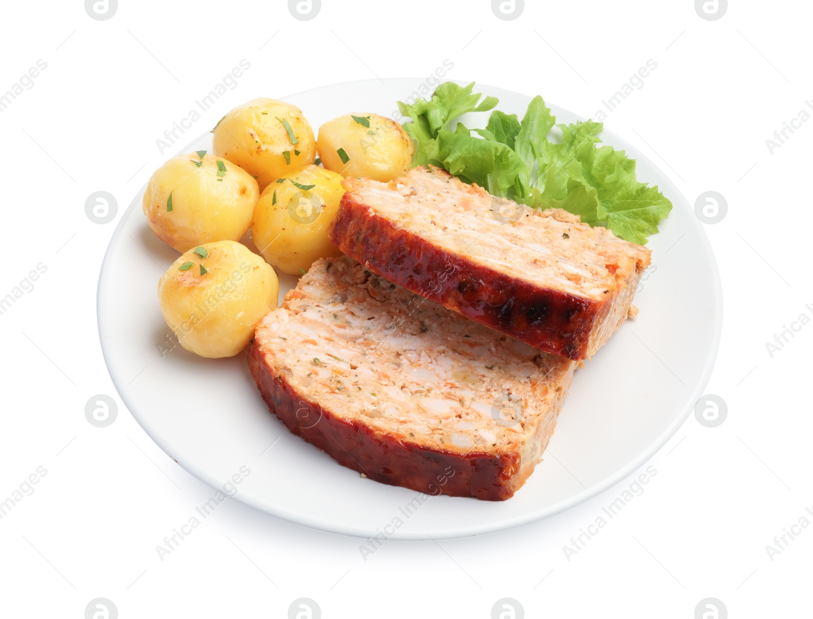 Photo of Delicious baked turkey meatloaf, potatoes and lettuce isolated on white