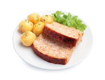 Photo of Delicious baked turkey meatloaf, potatoes and lettuce isolated on white