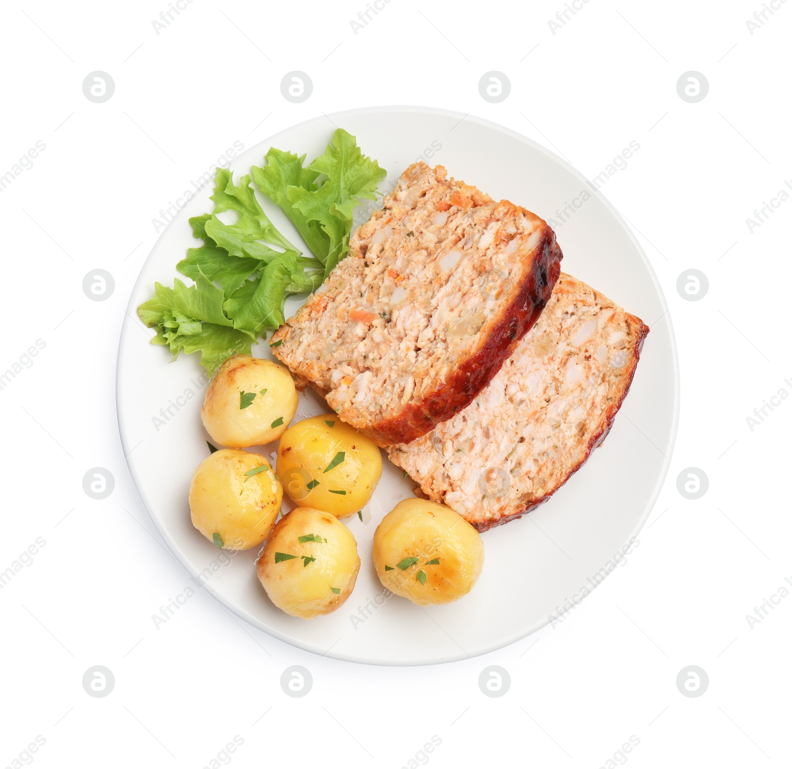 Photo of Delicious baked turkey meatloaf, potatoes and lettuce isolated on white, top view