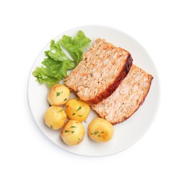 Photo of Delicious baked turkey meatloaf, potatoes and lettuce isolated on white, top view