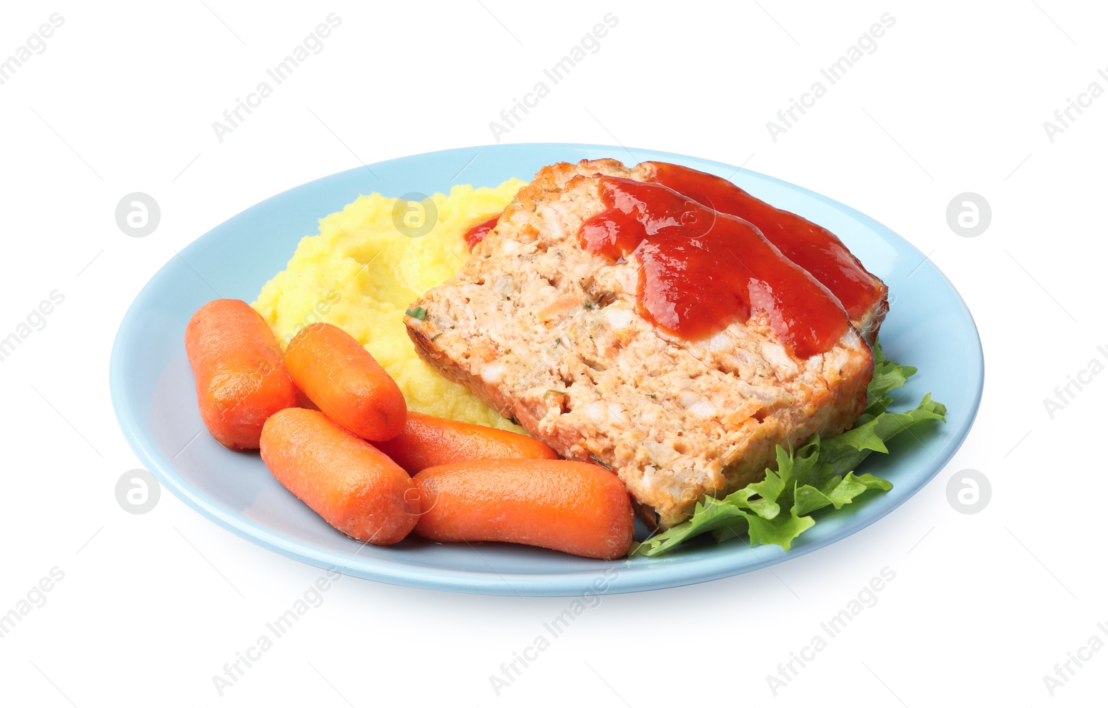 Photo of Delicious baked turkey meatloaf, mashed potato, carrots and ketchup isolated on white