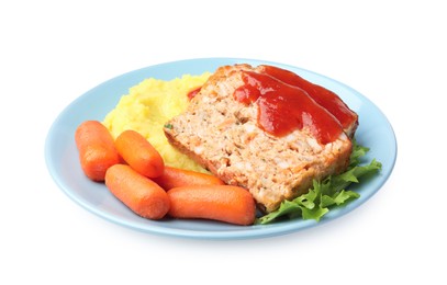 Photo of Delicious baked turkey meatloaf, mashed potato, carrots and ketchup isolated on white